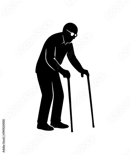 Elderly man walking with two canes silhouette
