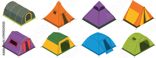 Camping tent collection vector illustration, colorful outdoor shelter designs, camping equipment set, adventure travel gear icons, hiking campsite tents