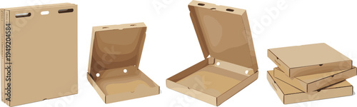 Cardboard pizza box mockup set, open closed and stacked kraft food delivery packaging containers, blank takeaway box template isolated