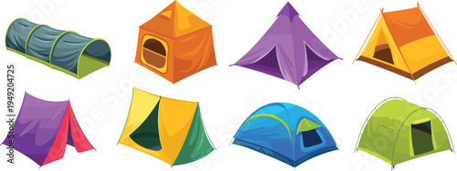Colorful camping tent set vector illustration, outdoor shelter collection, camping equipment icons, adventure travel gear, hiking campsite tent designs