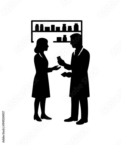 Pharmacist advising customer on medication in pharmacy silhouette