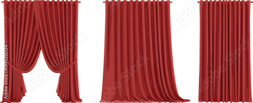 Elegant red velvet curtain set, stage theater drapery collection open closed luxury fabric backdrop isolated interior decoration