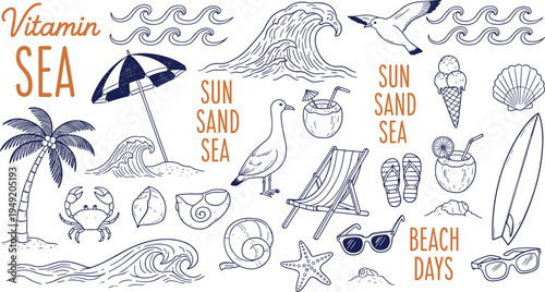 Vitamin sea beach days collection with seagulls waves surfboards and palm trees in cad drawing flat vector illustration isolated set.