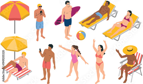 Isometric beach vacation people set, summer characters sunbathing surfing relaxing with umbrella chair surfboard beach ball flat illustration