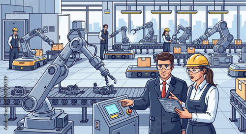 Factory workers and robotic arms on assembly line.