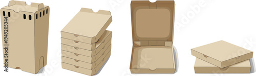 Kraft cardboard pizza box mockup collection, open closed and stacked food delivery packaging containers, blank takeaway box template isolated