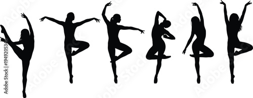 Graceful ballet dancer silhouette collection, female gymnast performing poses vector set, elegant dance movements, rhythmic gymnastics art, athletic woman performer icons.