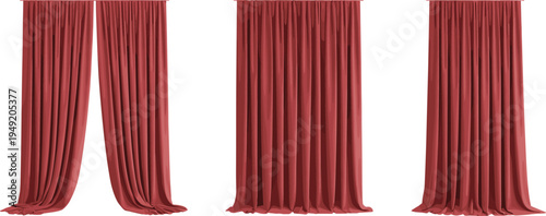 Luxury red velvet curtain set, elegant theater stage drapery collection open closed fabric backdrop isolated interior decoration background
