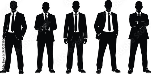 Corporate business silhouettes of professional men in suits standing with varied confident postures, teamwork concept, leadership, office illustration vector
