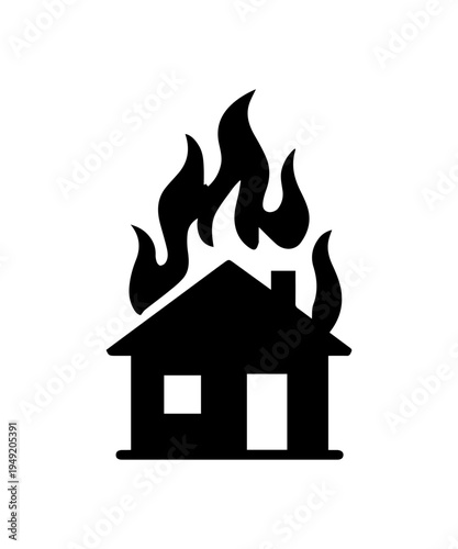 House building icon with burning flames indicating fire