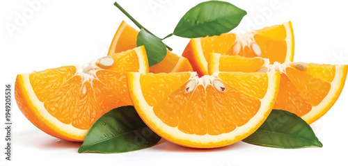 Fresh Orange Slices with Green Leaves on White Background