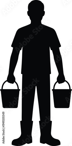Full Body Silhouette Of A Farmer Or Worker Wearing Boots And Carrying Two Buckets Representing Manual Labor Agriculture Farming And Sustainability