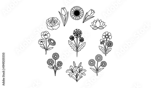 Blooming flower outline icon collection botanical line vector floral set