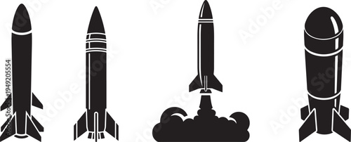 different types of rocket silhouettes in black and white.