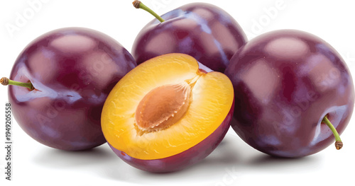 Purple Plums with One Cut Open on White Background