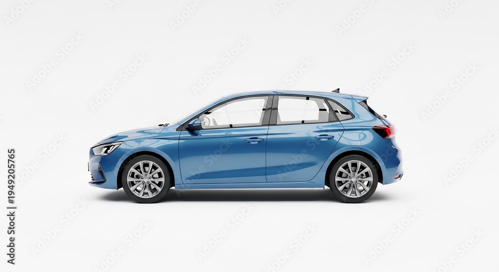 Fototapeta premium Blue hatchback car side view profile.
