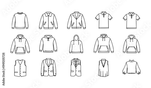 Clothing tops line icons sweater hoodie jacket polo apparel outline vector