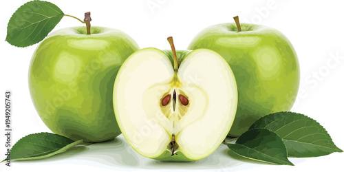 Green Apples with Leaves and Sliced One on White Background