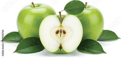 Green Apples with Leaves and Sliced Apple