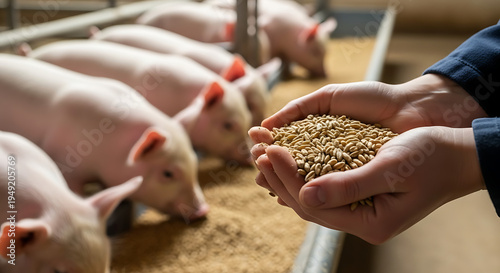 Feeding pigs with grain on a farm, close-up on farmer's hands holding feed