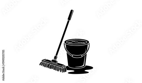 Mop and bucket silhouette icon with water puddle cleaning service vector