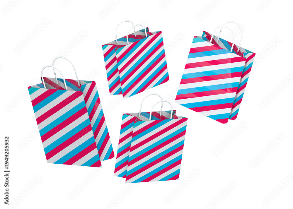 Obraz premium Colorful striped shopping bags 3D render isolated on transparent background. Bright retail paper bags with handles for sale, shopping, gift and holiday promotion concept.