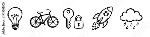 black line icons of lightbulb, bicycle, key, lock, rocket, rain cloud