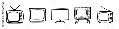 black and white illustration of various old television sets