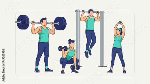 Illustration of People Exercising with Weights.