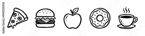food icons set, pizza, burger, apple, donut, coffee