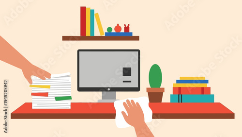 Hands Working on Computer with Books Nearby.