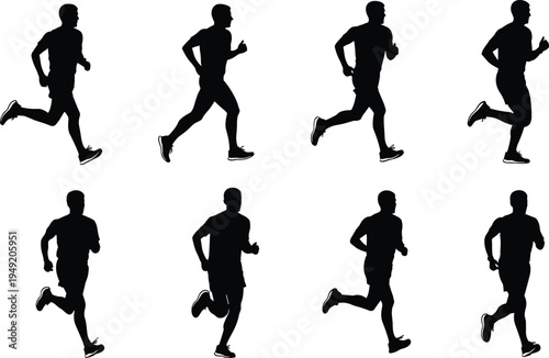 Silhouette vector illustration of eight running figures in stride sequence representing athletic training, sports, biomechanics, fitness, energy, speed, and dynamic movement