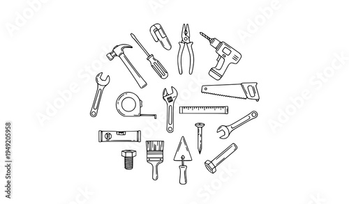 Hand-drawn construction tool doodle icon collection vector set