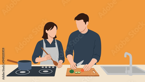 Man and Woman Cooking Together in Kitchen.