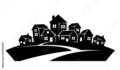 Village silhouette icon set small neighborhood hill houses vector