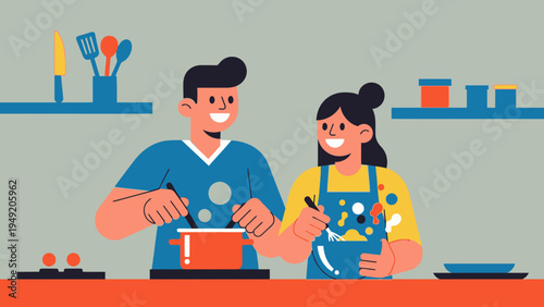 Man and Woman Cooking Together in Kitchen.