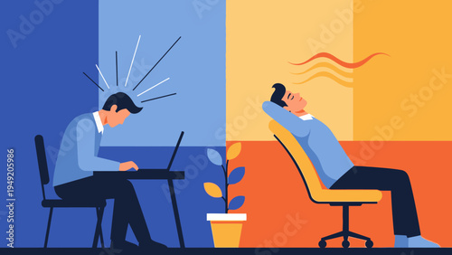 Man Feeling Stressed and Relaxed at Work.