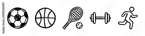 Sports icons set with soccer ball, basketball, tennis racket, dumbbell, runner