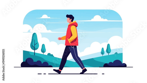 Man Walking Outdoors Wearing Red Vest.