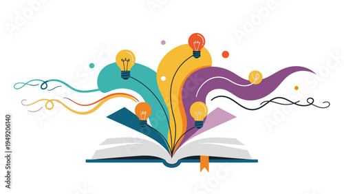 Open Book with Colorful Swirling Ideas Emerging.