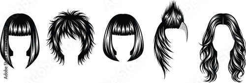 Silhouette vector illustration of five different hairstyles including bob, mohawk, bangs, layered cut, and wavy hair representing fashion, beauty, and style
