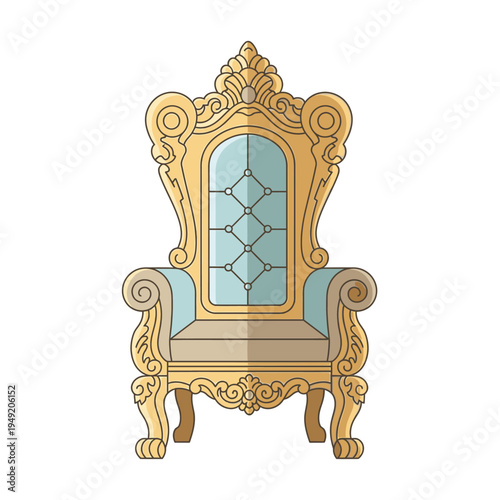Ornate Gold Throne Chair with Blue Cushion - Royal Seating Illustration