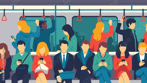 People Riding Train Using Mobile Phones.