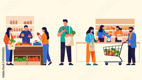 People Shopping at Grocery Store Counters.