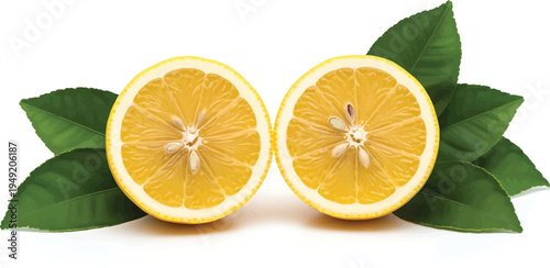 Halved Lemons with Green Leaves on White Background