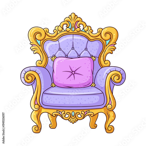 Ornate Purple Throne Chair with Gold Accents and Pink Cushion