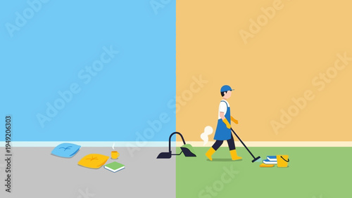 Woman Cleaning Floor with Vacuum Cleaner.