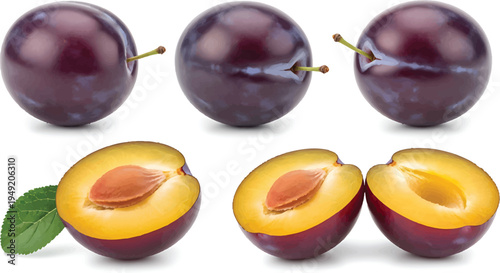 Fresh Plums and Cut Plums on White Background