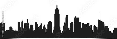 Black city skyline silhouette featuring iconic skyscraper architecture and urban panorama, modern metropolitan cityscape illustration ideal for travel, urban design themes