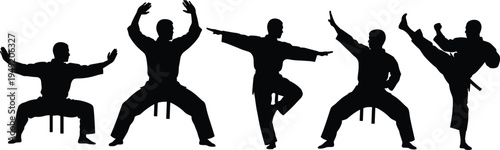 Silhouette vector illustration of five martial arts practitioners in dynamic poses representing discipline, strength, balance, combat techniques, and cultural tradition